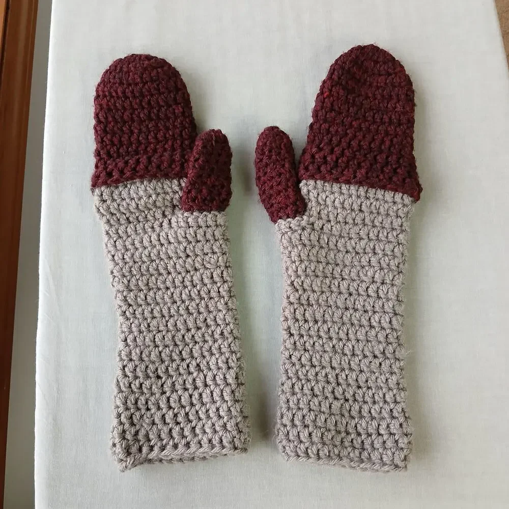 Convertible Crochet Fingerless Mitten Gloves adult size two-tone neutral premade